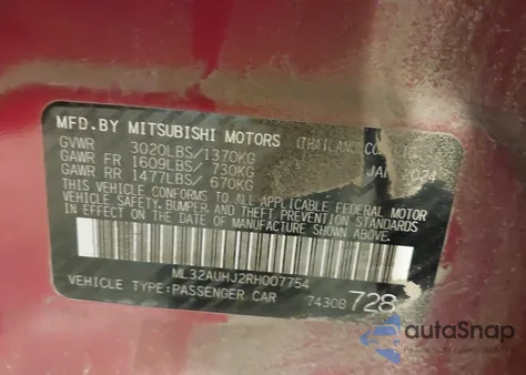 2024 Mitsubishi Mirage Es/Le из США, поврежденный, VIN ML32AUHJ2RH007754